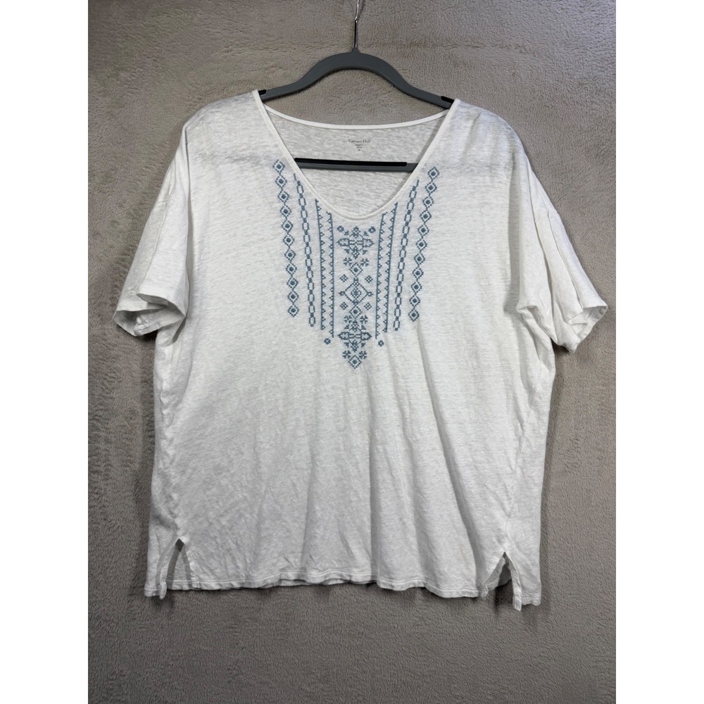 Garnet Hill Linen Top Womens S White Blue Embroidered V-Neck Short Sleeve Tee